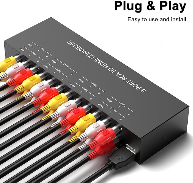 8 Port RCA to HDMI Converter 1080P/720P RCA Composite CVBS AV Switch to HDMI Converter Adapter Support 4:3/16:9 Switch, for Sega Xbox PS1 PS2 PS3 N64 NGC SNES WII VHS VCR Camera DVD(With Remote）