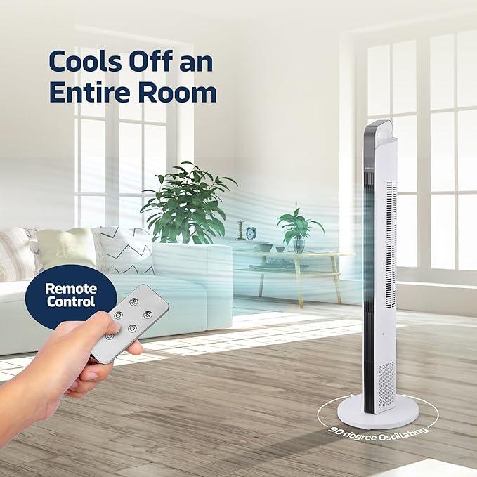 NEXAIR 42” Oscillating Tower Fan, 3 Speed Portable Fan Tower With Remote Control, Quiet Operating Floor Fan for Bedroom with 7.5 Hr Auto Off Timer, Modern Design Room Cooling Fan For Home & Office