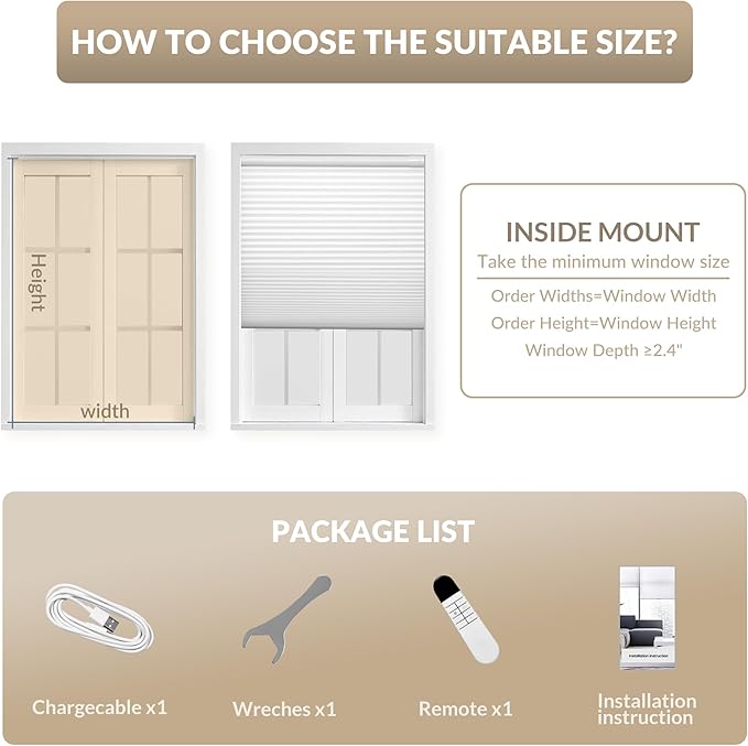 Boolegon No Drill Motorized Cellular Blinds with Remote Motorized Blackout Honeycomb Blinds for Indoor Windows Easy to Install Automatic Cellular Shades for Home,Blackout Beige,Custom Size