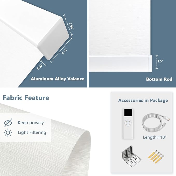 COOLWINDS Motorized Blinds with Remote Cordless Automatic Motorized Shades Custom Blinds for Windows Smart Curtains Compatible with Alexa Google Home(Light Filtering Jacquard White,W26 x H72in)