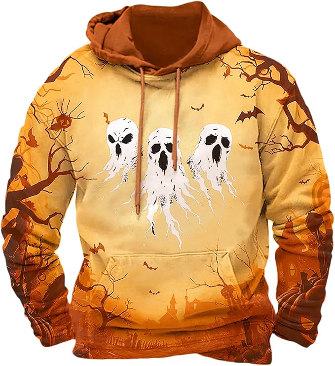 Halloween Hoodie Men Graphic Pumpkin Ghost Printed Sweatshirt Casual Trendy Long Sleeve Halloween Hooded Tops with Pockets