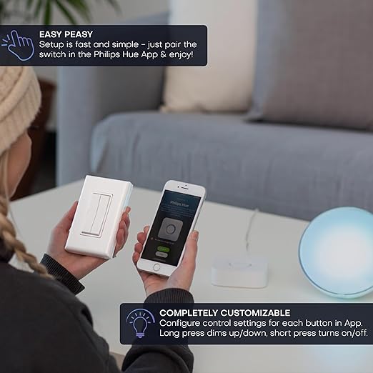 RunLessWire Click for Philips Hue – Battery-Free Wireless Smart Light Switch, 30ft Range – Works Natively with Philips Hue Bridge – Wall Mount Kinetic Switch - Decora Style, Brown