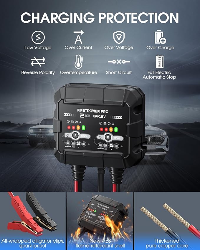 2-Bank, 4A (2A/Bank) Trickle Charger for Car Battery, 12V 6V Car Battery Charger, Automotive Battery Trickle Charger, Maintainer, for Motorcycle Lawn Mower AGM, Lithium Batteries-1PC