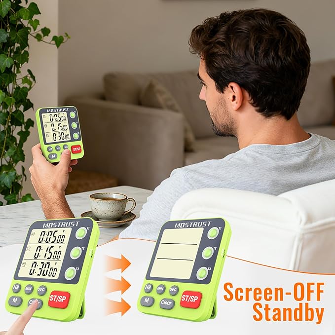 MOSTRUST Digital Dual Kitchen Timer, 3 Channels Countdown Triple Timer for Cooking, Magnetic Memory-Preset Large-Display Adjustable Alarm Volume, Multi Times Management, 3A Battery Included, Green