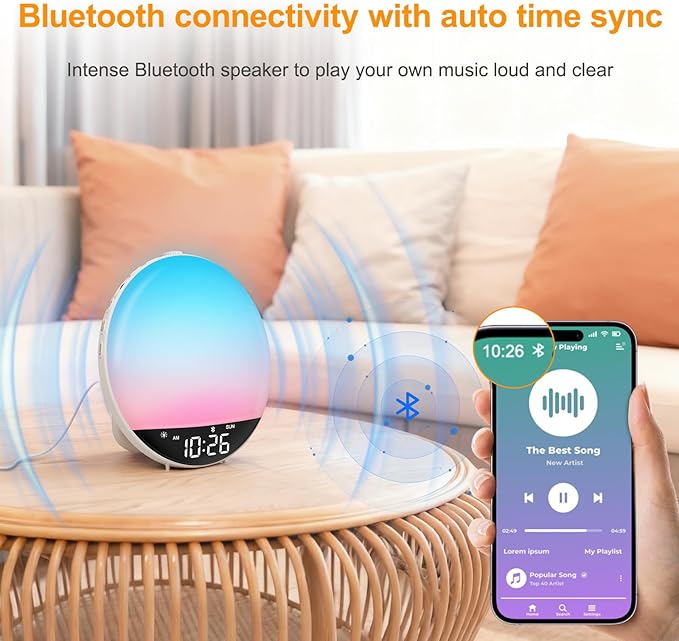 DreamSky Sunrise Alarm Clock Radio for Bedroom with Sound Machine - Dual Wake up Light Alarm Clock for Kids Adults, Digital FM Radio, Bluetooth Speaker, 26 Sleep Sounds for Baby, Dimmable Night Light
