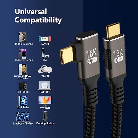 USBC right angle Cable 6.6FT Compatible With Thunderbolt 5/4,90 degree Type C 240W Fast Charging,USB C 16K@60Hz/8K@120Hz HD Video Output for Display,USB 5/4 Cable 80Gbps Data Transfer for SSD/Dock.