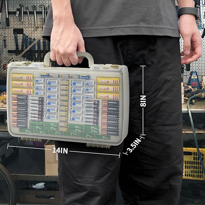 Aptbyte Battery Organizer Storage Holder Box Case with Tester- 269 Batteries Double-Sided Variety Pack, Holds AA AAA 4A C D Cell 9V 3V Lithium LR44 CR2 CR123 CR1632 18650 Button- White(Box Only)