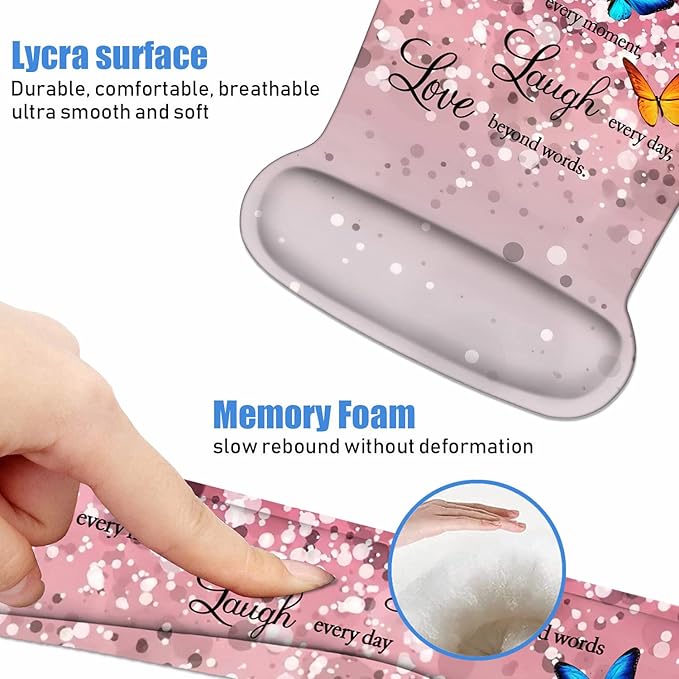 Ergonomic Mouse Pad Wrist Support and Keyboard Wrist Rest Set with Coasters, Non-Slip PU Base, Easy Typing & Pain Relief, Perfect for Home Office Working Studying, Glitter Quote Live Laugh Love
