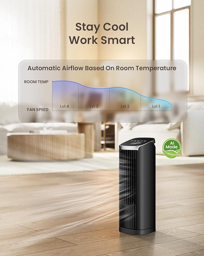 PNTCK Fan for Bedroom, 13" Tower Fan with Remote, 4 Modes 4 Speeds Max 24ft/s, 70° Oscillating Desk Fan, 12H Timer Portable Fans, Cooling Fans for Office, Home