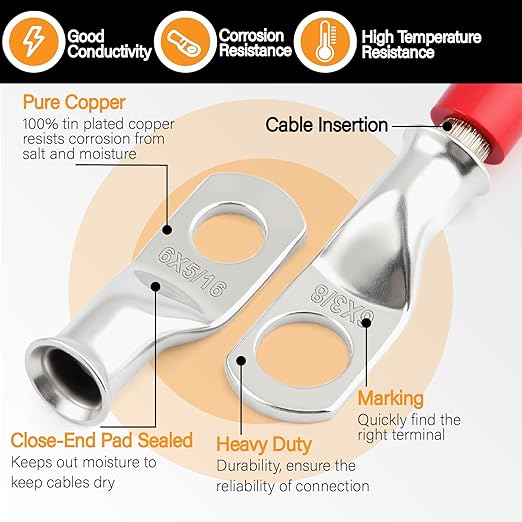 20PCS 6 AWG 5/16 3/8 inch Battery Cable Lugs,6 gauge Tinned Copper Crimp Connector Ring Terminal Wire Ends with 20pcs 3:1 Adhesive Heat Shrink Tubing in Dual-neck bottle