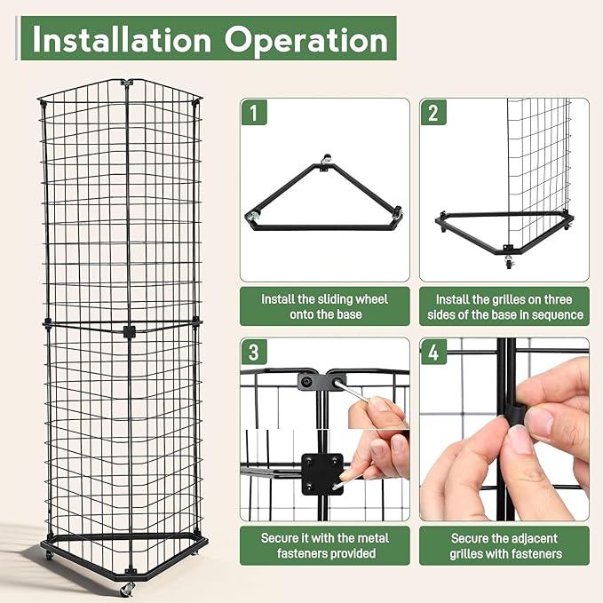 Brobear Triangular Gridwall Panel Display Stand with Base and Casters, 360-degree rotation Wire Wall Grid 24"x68" Rolling Grid Wall Tower for Retail, Trade Show, Vendor Events and Home Organization