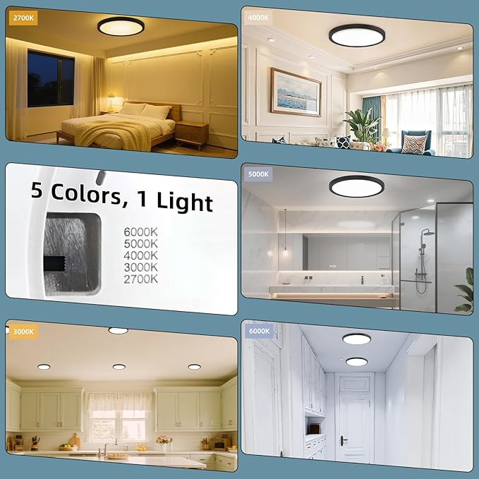 TOPELER Black 12" Slim Surface LED Ceiling Light, 28W 2400Lm, 5CCT Selectable Flushmount Round Flat Panel Lights for Bedroom, Porch, Hallway, Stairwells, ETL & FCC Listed, 2Pack
