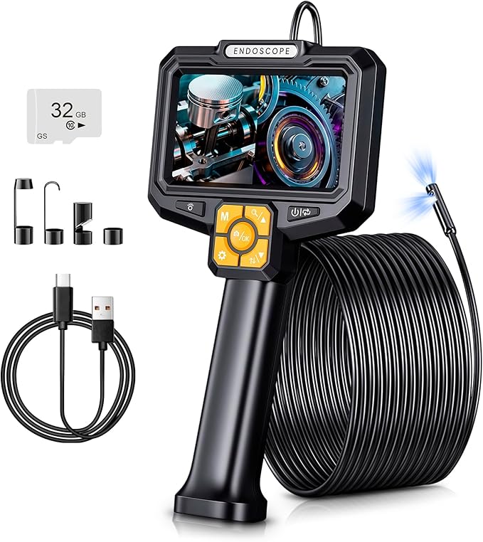 5" Dual-View Handle Endoscope Camera,2MP Front&Side Lens,IP67 Waterproof 5M Semi-Rigid Cable,360° Probe Control,4-Level LED,3X Zoom,Video&Photo Recording,Inspection Camera for Industrial Use,32GB Card