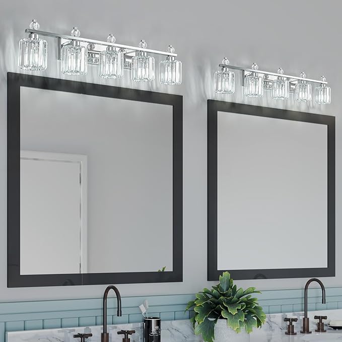 FDPBY Bathroom Vanity Lights 5-Light Chrome Modern Crystal Vanity Light Fixtures Over Mirror Crystal Bathroom Vanity Lighting Fixtures