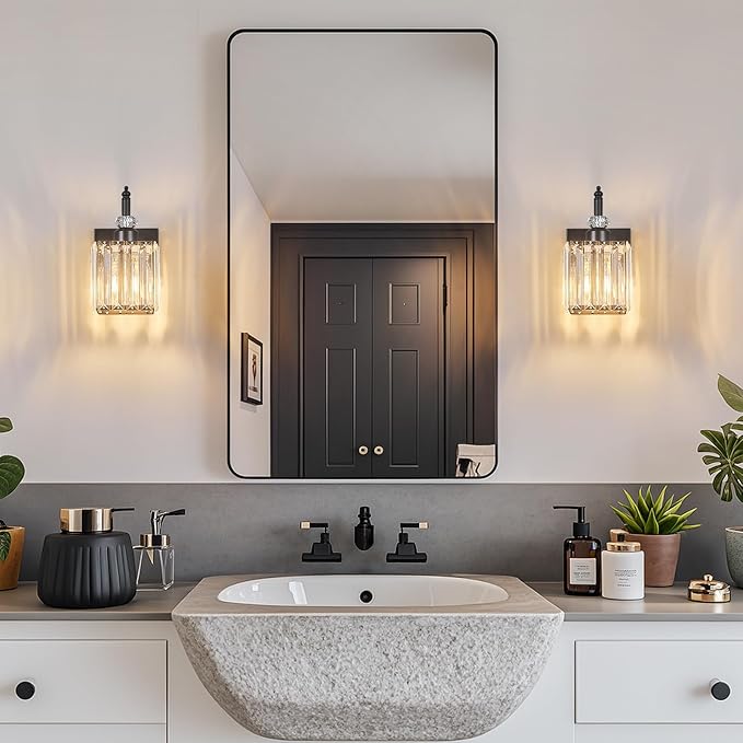 BBLLWJ Modern Wall Sconces Set of Two Black Wall Sconces Indoor Wall Lamp Crystal Wall Light Wall Mounted Room Sconce Wall Lighting Bathroom Vanity Light Fixtures