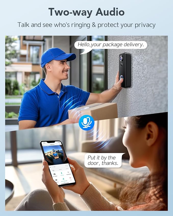 XTU Battery Doorbell, 180° Head-to-Toe Video, Live View with Two-Way Talk, No Monthly Fee, 2.4G Wi-Fi with Chime, Local/Cloud Storage, Human Detection, Compatible with Alexa & Google Home