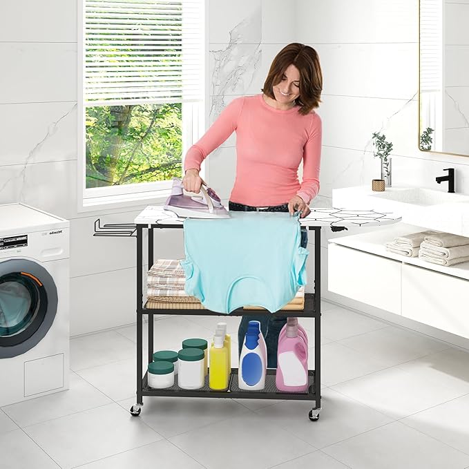 GILLAS Ironing Board with 2 Tier Storage Basket, Movable Ironing Board Full Size for Iron Rest & Clothes, Tabletop Ironing Boards, Ironing Stand Iron Boards Ironing Table Rustic, White