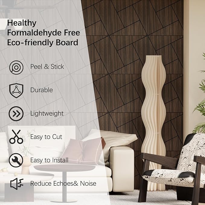 ARMURO 4 Packs Acoustic Wall Panels - Self-Adhesive 3D Wood Slat Wall Panel- Peel and Stick Sound Absorbing Panels for Noise Reducing - Feature Wall Decor for Home & Office