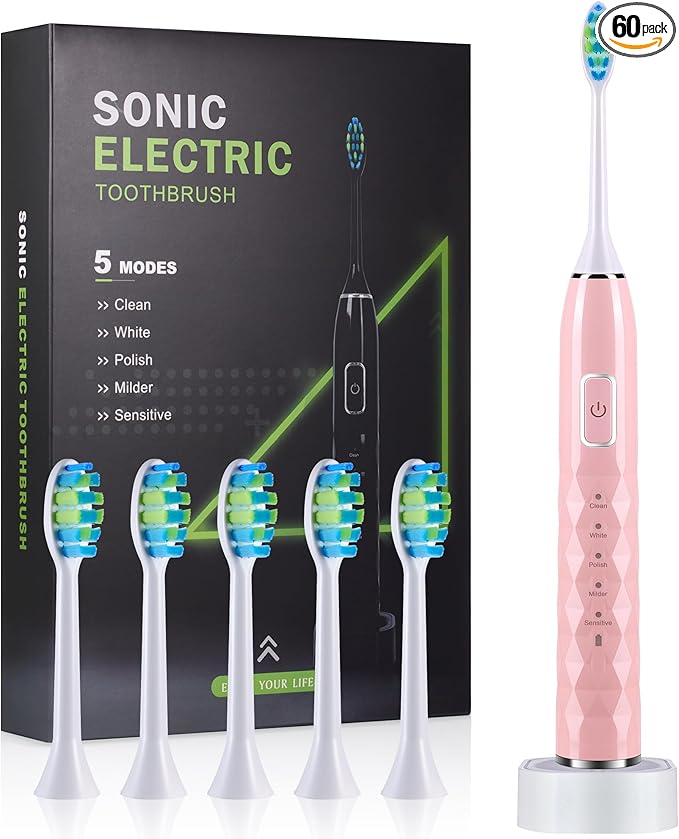 ZUAMEGU Sonic Electric Toothbrush for Adults - Deep Cleaning Teeth Whitening6 Replacement Brush Heads100-Day Battery5 Modes w/SensitiveIPX7 Waterproof (Color Options)