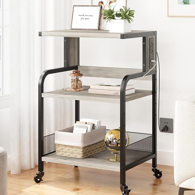 Garvee 3-Tier Large Printer Stand with Power Outlets & USB Ports,Industrial Rolling Printer Cart with Heavy Duty Metal Frame & Adjustable Shelf & Storage & Lockable Wheels for Home Office, Retro Gray