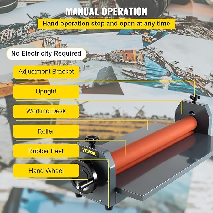 VEVOR 39 Inch Cold Laminator Machine 10mm Manual Vinyl Photo Film Cold laminator Hand Crank Pressure Cold Roll laminator（39Inch