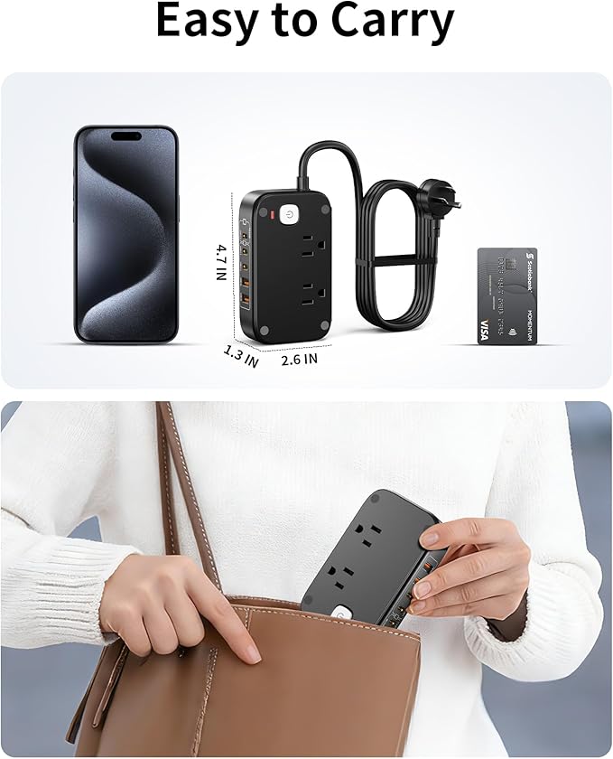 KWRNVO 5FT Travel Power Strip with USB Ports, 7-IN-1 Flat Extension Cord USB C Power Strip with 2500W AC Outlets, 3 USB-C Ports, 2 USB-A Ports Outlet Extender for Home/Office/Travel Essentials