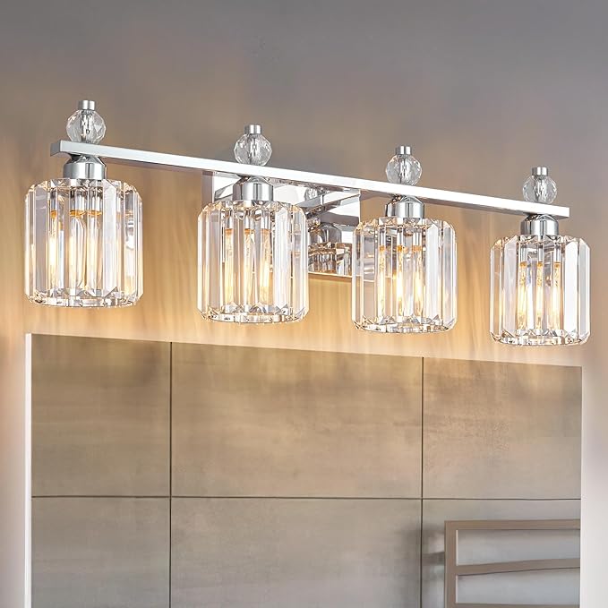 FDPBY Bathroom Vanity Lights 4-Light Chrome Modern Crystal Vanity Light Fixtures Over Mirror Crystal Bathroom Vanity Lighting Fixtures