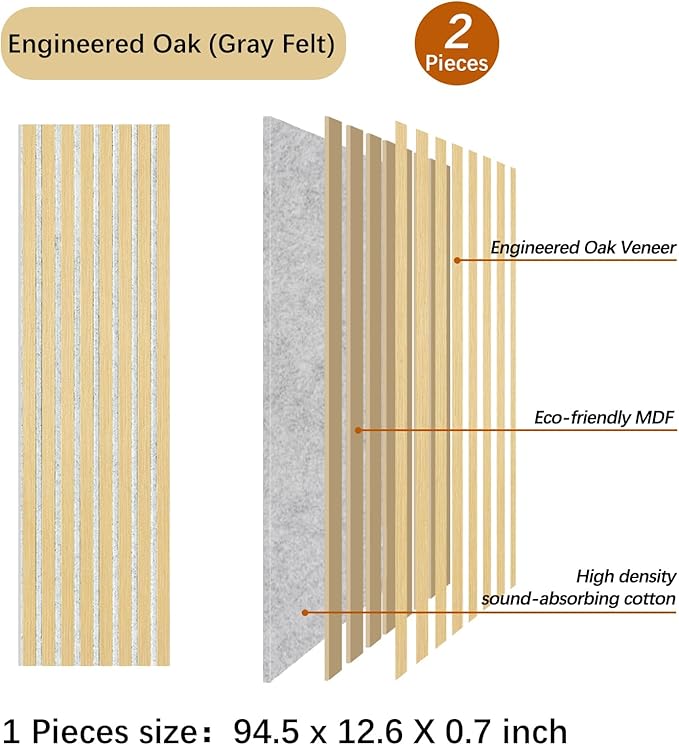 ARMURO Wall Panels for Interior Wall Decor, 2-Pack Slat Wall Paneling, Oak Wood Veneer Acoustic Wall Panels - Wall Slats 12.6" W x 94.5