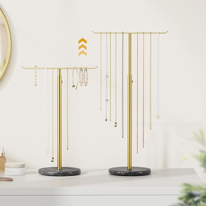 Josmimic Gold Necklace Holder Jewelry Organizer Stand – Adjustable Height T‑Bar Jewelry Display with Dark Gray Marble Base, Necklace & Bracelet Holder, Countertop Jewelry Stand