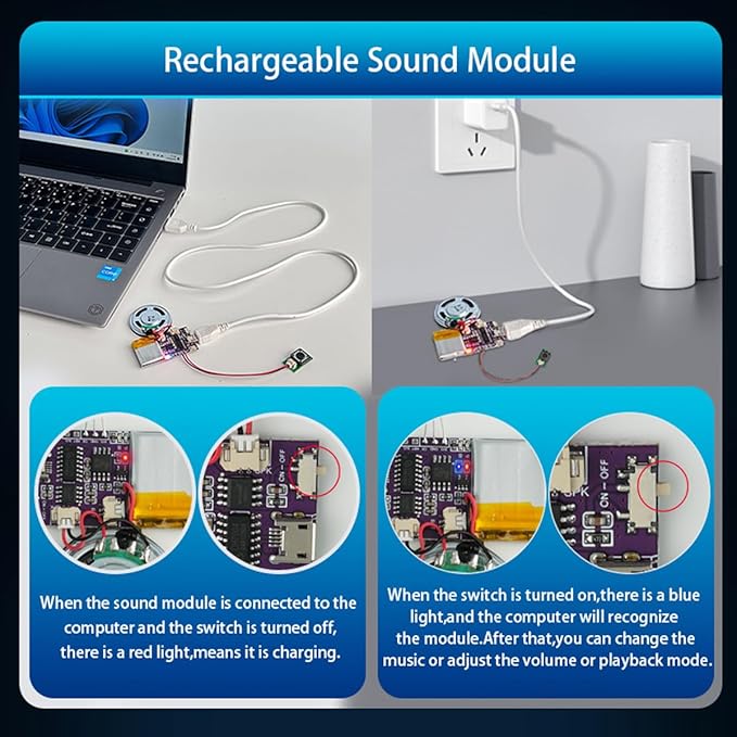 Voice Module,MP3 Music Sound Chips, 16MB Sound Module for Crafts, Christmas, New Year Greeting Cards, Box with Speaker Lithium Battery Powered and USB Cable. (JR-JX7004-Button Sound Module)