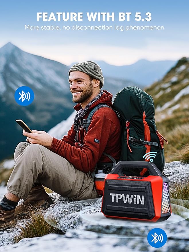 TPWIN Portable Bluetooth Speakers - Wireless Speaker 80W Peak, Loud Speaker with Light, Strong Bass, BT 5.3, TWS, IPX6 Waterproof, 20H Playtime for Home Party Outdoor Beach Camping - Red