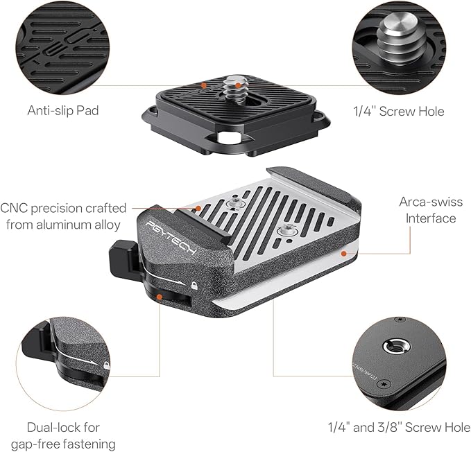 PGYTECH Quick Release Plate & Clamp V2 Kit, Arca Swiss Plate Camera Mount with 1/4" to 3/8" Screw Thread for Sony/Nikon/Fuji/DJI Switch Between Tripod/Monopod/Slider/Stabilizer(Two Clamps+Plate)