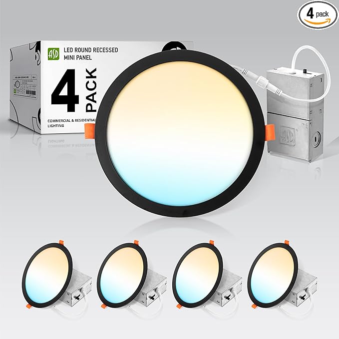 ASD 4 Pack 11/12 Inch LED Recessed Lighting 24W, 5 CCT 2700K-5000K CRI90+, IC Rated Ultra Thin Dimmable Ceiling Lights with J Box, Canless Wafer Downlight, Round Slim Panel Light, UL Listed, Black
