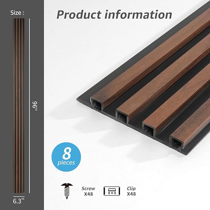 Art3d 8-Pack WPC Wood Slat Wall Panel for Interior Décor, 3D Wood Fluted Acoustic Wall Paneling for Living Room Bedroom Home & Office Accent Decor - 96 x 6 Inch Walnut
