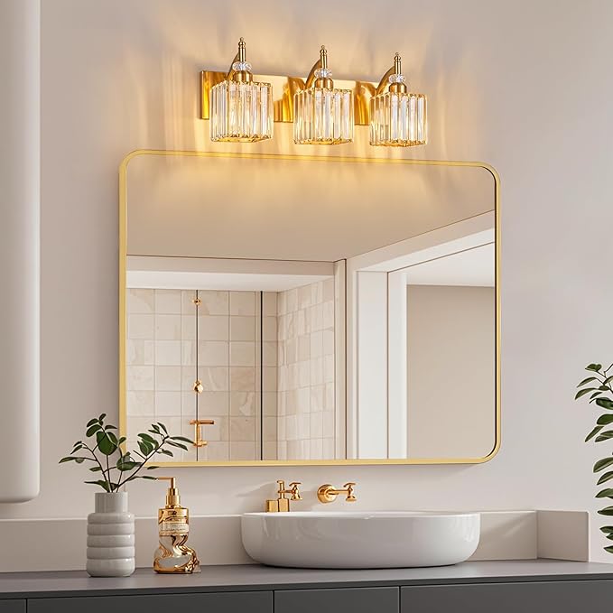 BBLLWJ Modern Bathroom Vanity Light 3-Light Gold Crystal Light Fixtures Over Mirror for Bathroom Wall Sconce