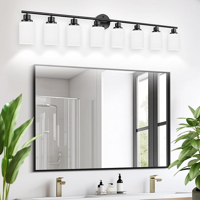 Guliaofo 8-Light Vanity Lights, Black Bathroom Light Fixture with Striped Textured Milky White Glass Shade, Modern Vanity Lighting Fixture for Bathroom Wall Light Over Mirror, E26 Wall Sconce