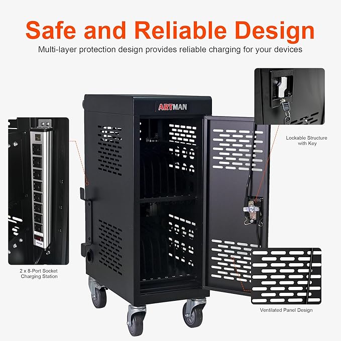 Aokleo Laptop Charging Cart,16 Devices Tablet Storage Carts for pad Up to 16.3" Screen Size, Classroom Computer Mobile Charging Station for Pads, Chromebooks,Laptops, Security Storage(16 Bay-Black)