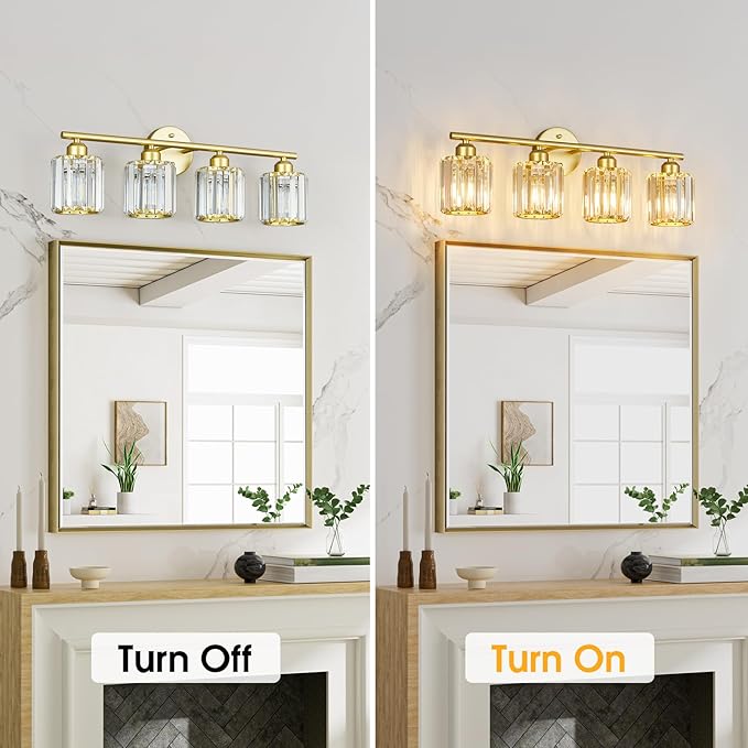 FDPBY Modern 4 Light Crystal Vanity Light, Gold Vertical Bathroom Light Fixture Over Mirror for Dressing Table Sink, Compatible with Dimmable Bulbs (Bulbs Not Included)