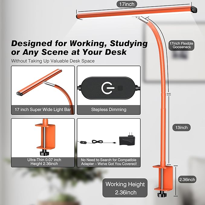 Airlonv LED Desk Lamp for Office Home, Eye-Caring Desk Light with Stepless Dimming Adjustable Flexible Gooseneck, 10W USB Adapter Desk Lamp with Clamp for Reading, Study, Workbench (Orange)