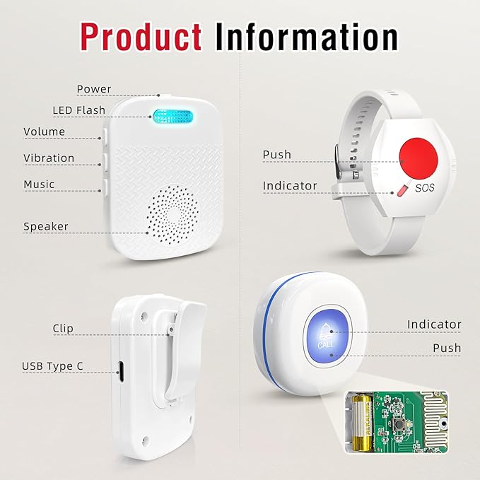 CallToU Caregiver Pager Wireless Call Buttons for Elderly Monitoring Portable Call Bell with 2 Panic Button and 1 USB Receiver,500ft Range Nurse Alert System for Home Care Seniors (FCC Certified)