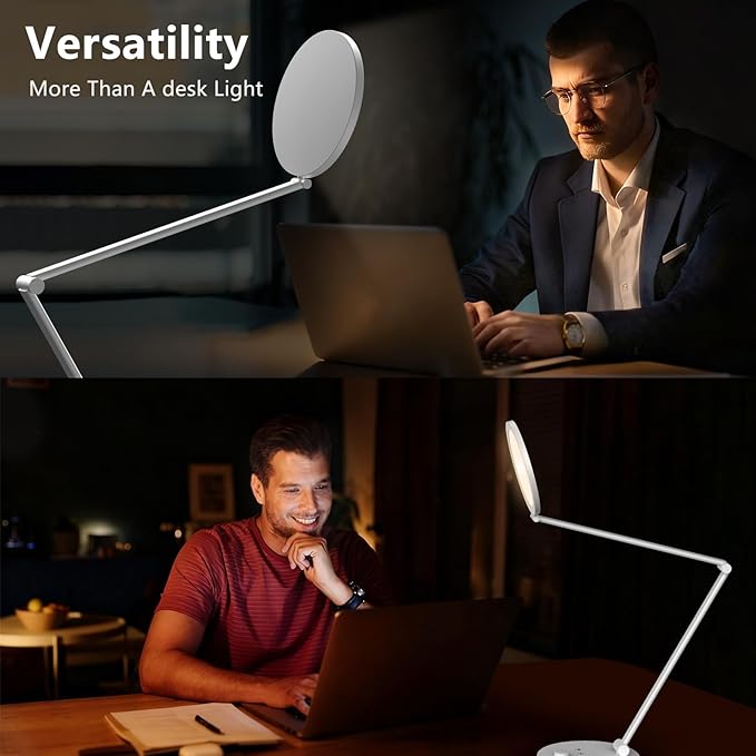 ANNAITE LED Desk Lamp for Home Office, Eye-Caring Modern Desk Light, 3 Color Temperature 10 Brightness Computer Light, Dimmable Desk Light with Memory & Timer Func, Metal Swing Arm Table Lamp (White)