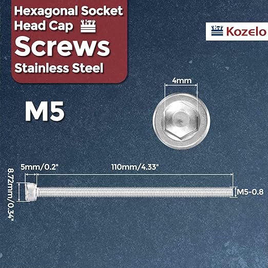 Kozelo 5pcs Socket Head Cap Screws - [M5-0.8 x 110mm] 304 Stainless Steel Allen Socket Drive for Electrical Motor 3D Printing Fan Engine Replacement Use, Silver