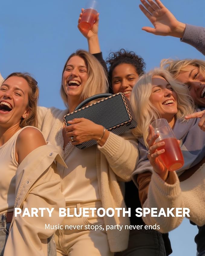 DINDIN Portable Bluetooth Speaker： 80W (Peak), 20H Playtime, Wireless Big Wood Boombox with Deep Bass, Subwoofer, TWS, Large, Loud Speaker for Party, Outdoor, Backyard, Beach, Home,Gift（Black+Brown）