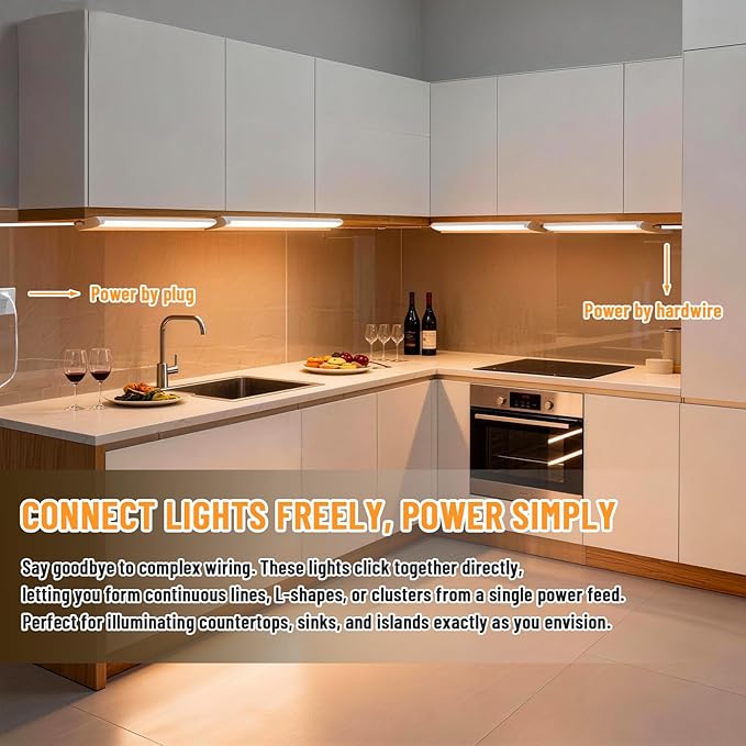 24" 6Pack Hardwired Under Cabinet LED Light Plug in, 16W 1200LM, 3CCT (3000K/4000K/5000K), Rotatable 45°, Connect Up to 10 Fixtures, Under Counter Lights Linkable for Kitchens and Offices,YT-4208-22-6