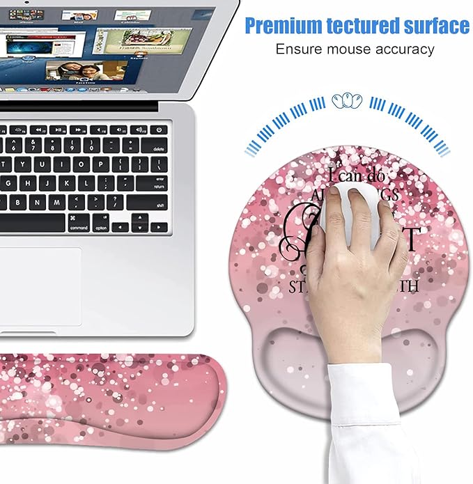 Keyboard Wrist Rest + Mouse Pad Wrist Support Set with Coasters, Non-Slip PU Base Ergonomic Mousepad for Home Office Working Studying Easy Typing & Pain Relief, Pink Background Bible Verse Phil 4-13