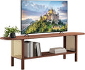 HollyHOME Bamboo TV Stand with Storage for TVs up to 65", Modern Entertainment Center with Rattan Side, Accent TV Table with 2 Shelf, Media Console TV Stand for Living Room, Bedroom, Walnut