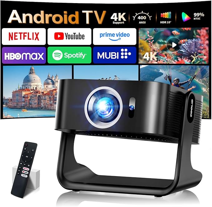 [Compatible with Netflix & Support 4K] 1080P HD Mini Projector Dual Band WiFi6 5G and BT 5.4 Auto Focus & Obstacle Avoidance Portable Outdoor Projector, 270° Adjustable Stand for Home Movie - Black