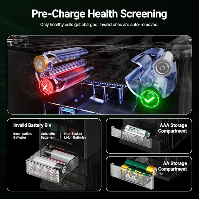 Ostation 2 Smart 3-in-1 Battery Charger for AA & AAA Rechargeable NiMH & Li-ion Batteries, Polarity-Free, Auto Detection & Storage, App Control, Indicator Lights, Fast Charging (Batteries Not Incl.)
