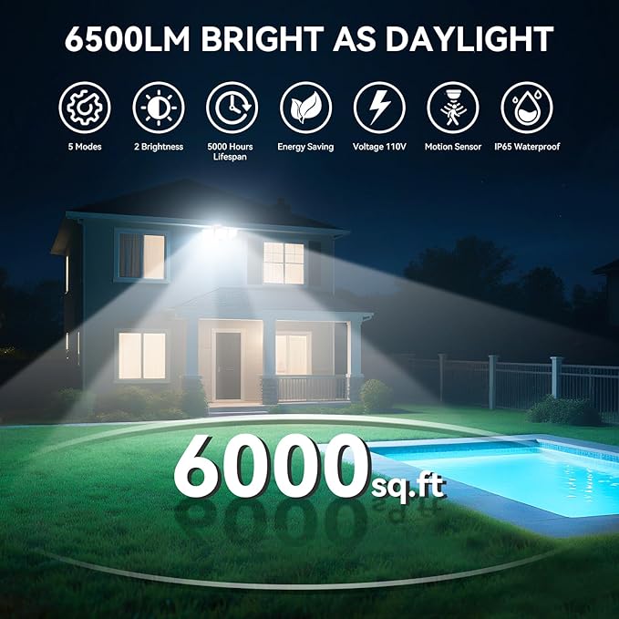 PURICH LED Security Lights Motion Sensor Outdoor Lights, 5000K Daylight, IP65 Waterproof, Dusk to Dawn, 3-Head Motion Detected Flood Light for Garage, Yard, Porch, White, 2 Pack