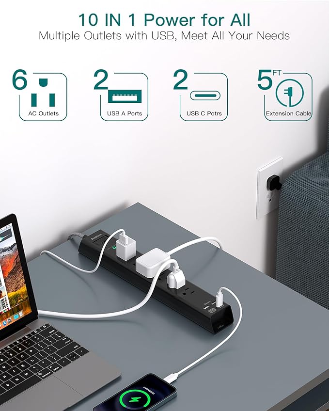 Surge Protector Power Strip - Extension Cord with Addtam 6 AC Outlets 4 USB (2 USB-C Ports), 1875W/15A, Flat Plug with Overload Surge Protection, Outlet Extender for Home Office Dorm Room Essentials